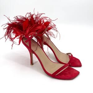 Stuart Weitzman Red Plume 100 Feather Ankle Strap Stiletto Heels Sandals Size 10